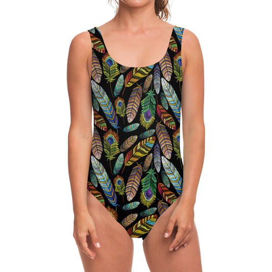 Vintage Feather Pattern Print One Piece Swimsuit