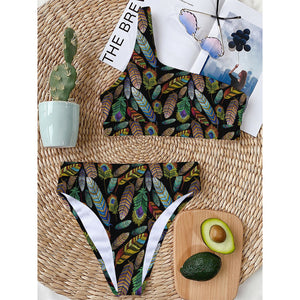 Vintage Feather Pattern Print One Shoulder Bikini Top