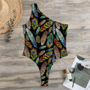 Vintage Feather Pattern Print One Shoulder Bodysuit