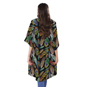 Vintage Feather Pattern Print Open Front Beach Cover Up