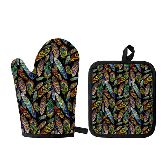 Vintage Feather Pattern Print Oven Mitt And Pot Holder Set