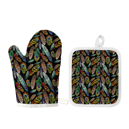 Vintage Feather Pattern Print Oven Mitt And Pot Holder Set