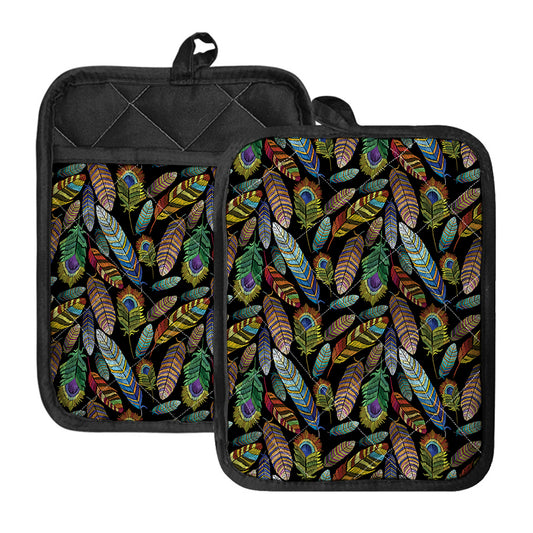 Vintage Feather Pattern Print Pot Holders With Pocket