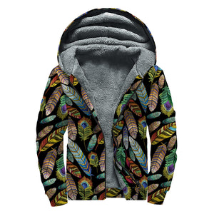 Vintage Feather Pattern Print Sherpa Lined Zip Up Hoodie