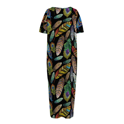 Vintage Feather Pattern Print Short Sleeve Long Nightdress
