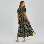 Vintage Feather Pattern Print Short Sleeve Maxi Dress