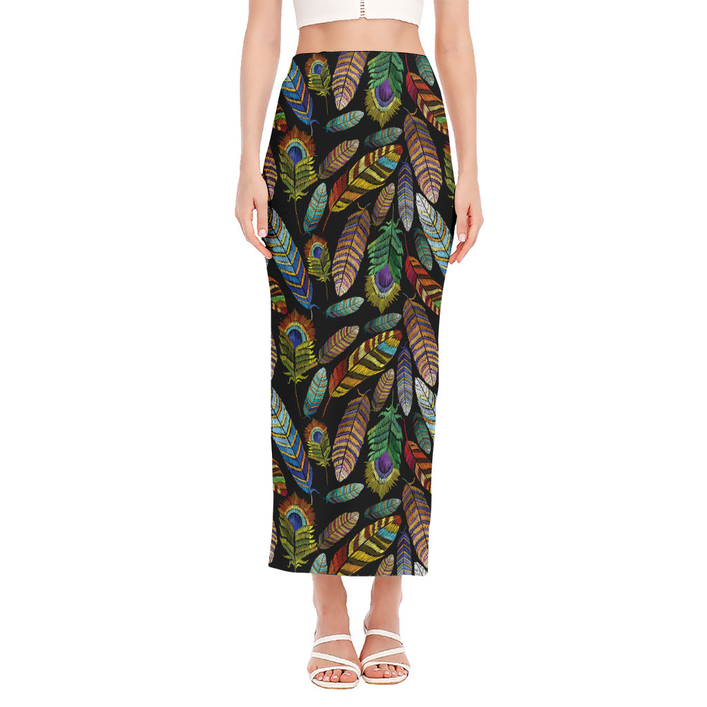 Vintage Feather Pattern Print Side Slit Maxi Skirt