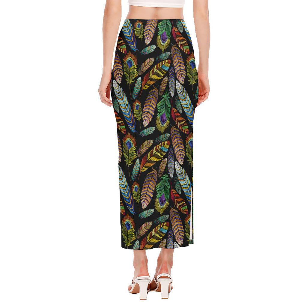 Vintage Feather Pattern Print Side Slit Maxi Skirt