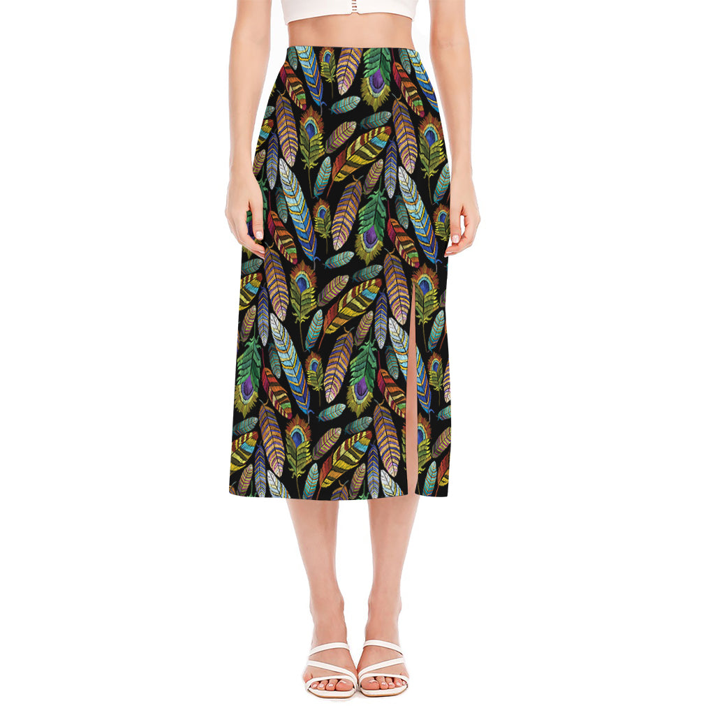 Vintage Feather Pattern Print Side Slit Midi Skirt