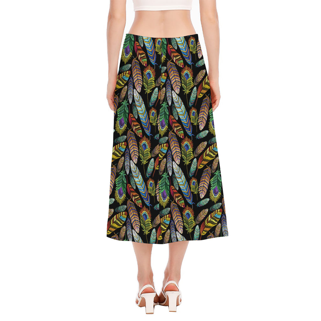 Vintage Feather Pattern Print Side Slit Midi Skirt