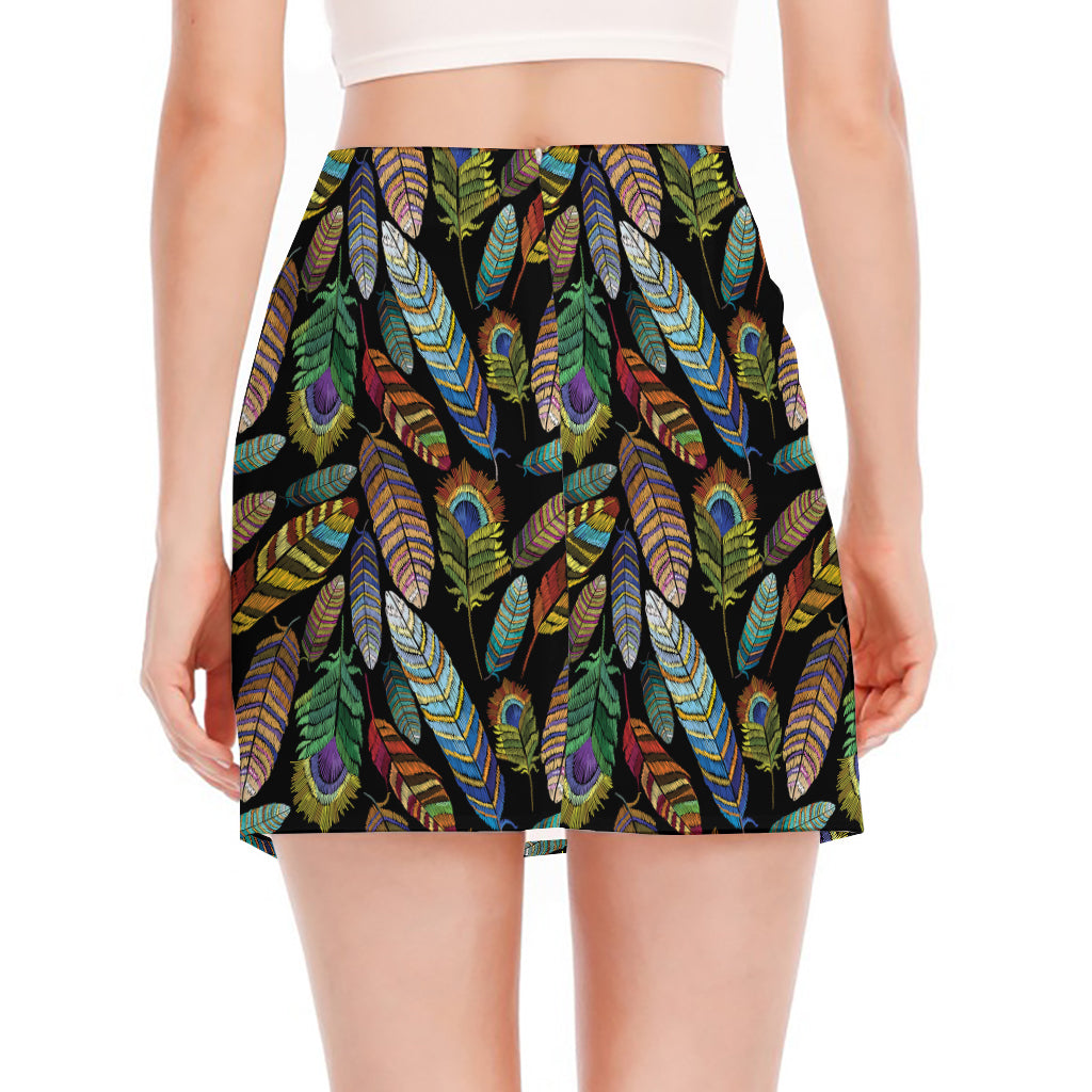 Vintage Feather Pattern Print Side Slit Mini Skirt