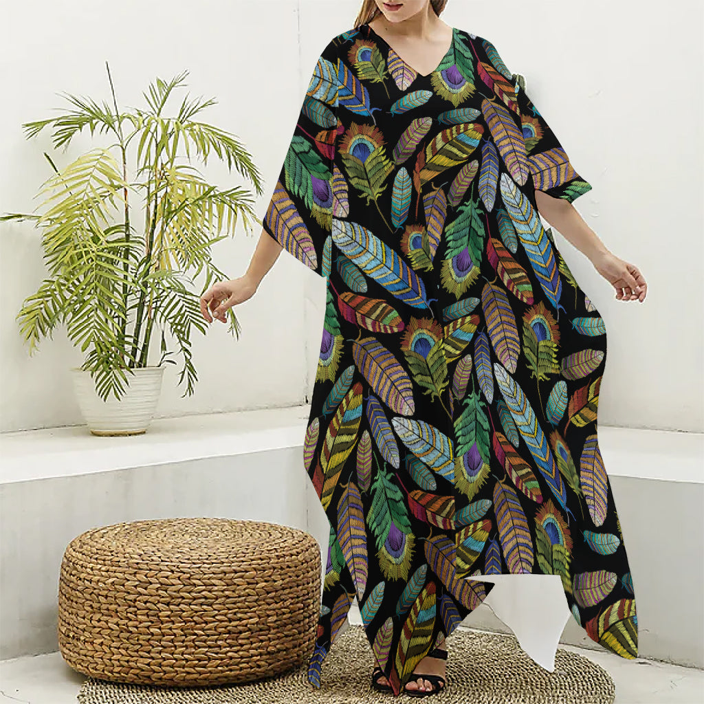 Vintage Feather Pattern Print Silk V-Neck Kaftan Dress