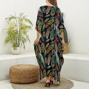 Vintage Feather Pattern Print Silk V-Neck Kaftan Dress