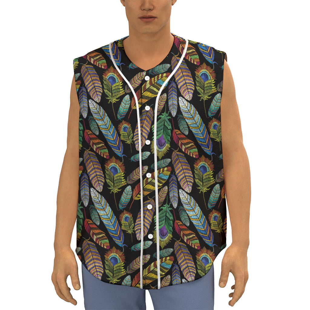 Vintage Feather Pattern Print Sleeveless Baseball Jersey