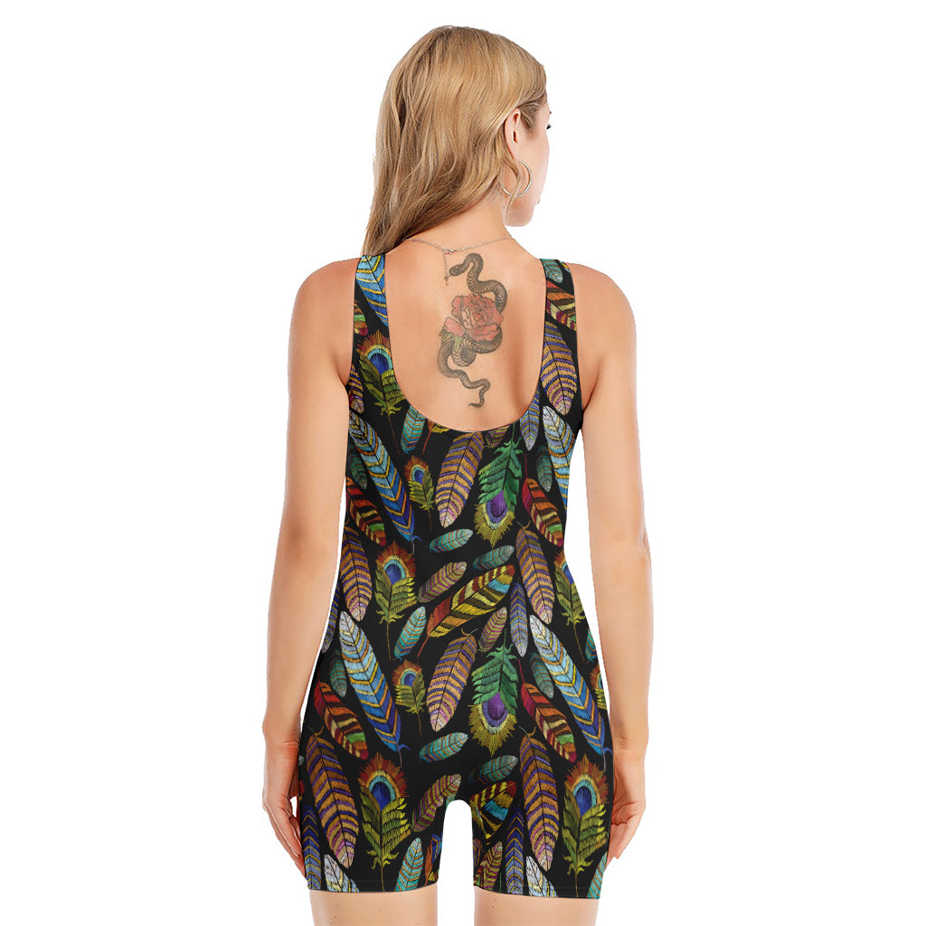 Vintage Feather Pattern Print Sleeveless One Piece Swimsuit