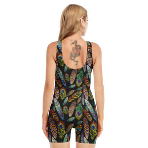 Vintage Feather Pattern Print Sleeveless One Piece Swimsuit