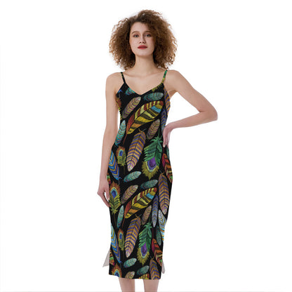 Vintage Feather Pattern Print Slim Fit Midi Cami Dress