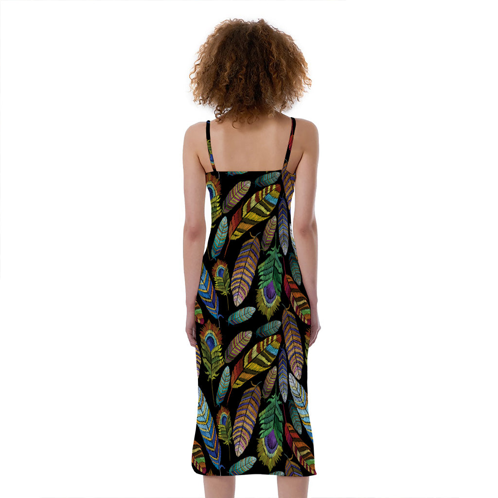 Vintage Feather Pattern Print Slim Fit Midi Cami Dress