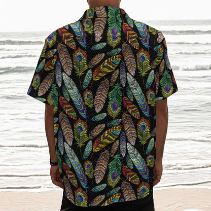 Vintage Feather Pattern Print Textured Short Sleeve Shirt