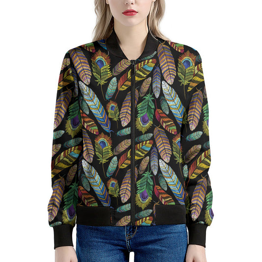 Vintage Feather Pattern Print Women's Bomber Jacket