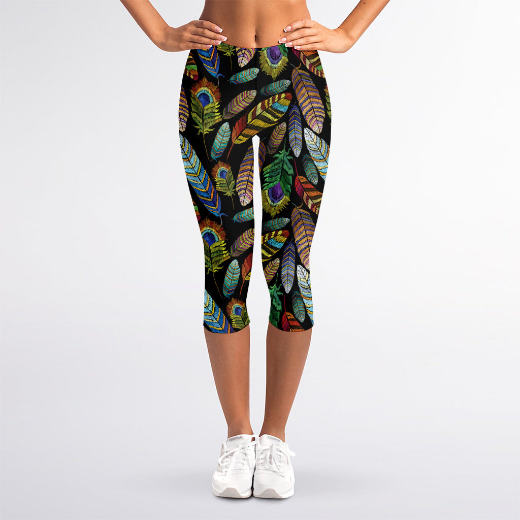 Vintage Feather Pattern Print Women's Capri Leggings