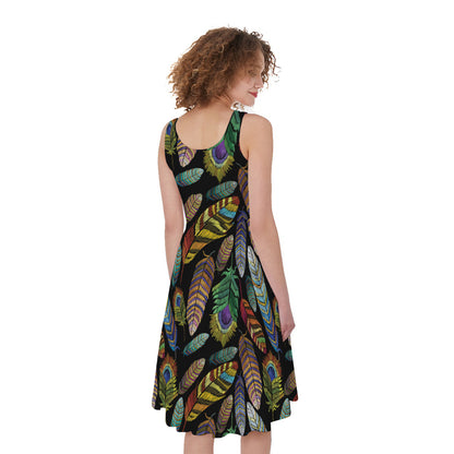 Vintage Feather Pattern Print Women's Sleeveless Dress
