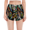 Vintage Feather Pattern Print Women's Split Running Shorts