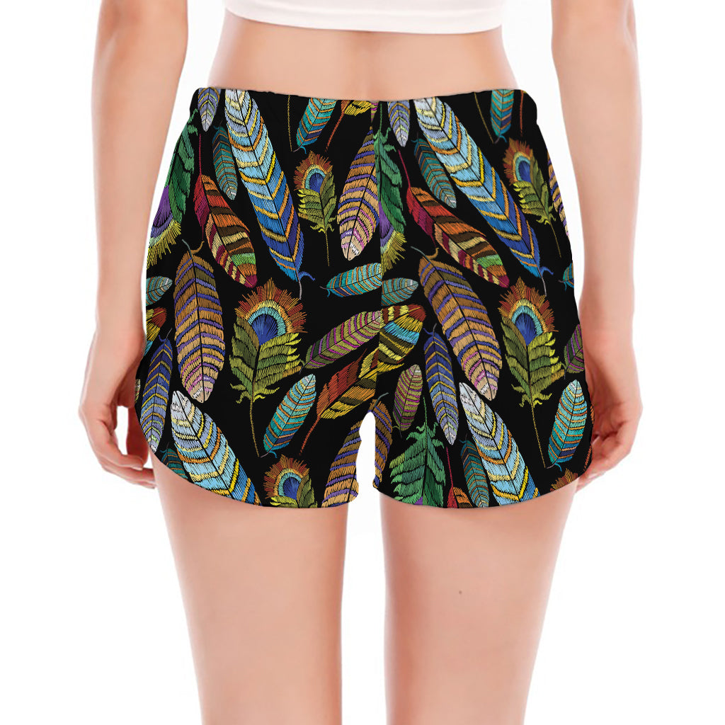 Vintage Feather Pattern Print Women's Split Running Shorts