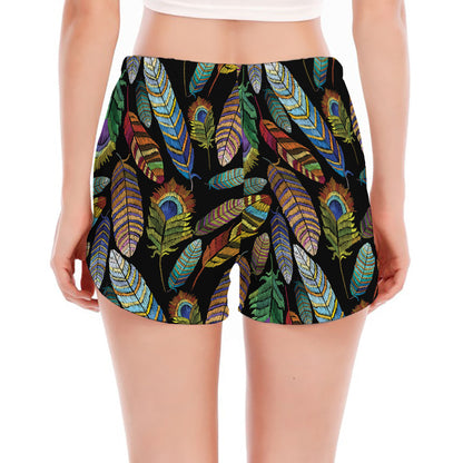 Vintage Feather Pattern Print Women's Split Running Shorts