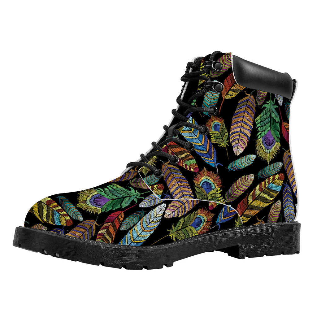 Vintage Feather Pattern Print Work Boots