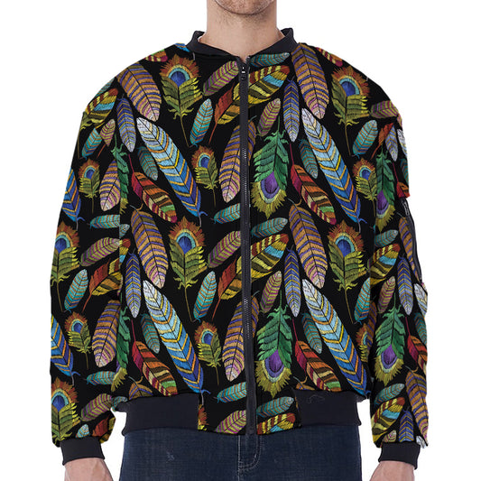 Vintage Feather Pattern Print Zip Sleeve Bomber Jacket