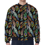 Vintage Feather Pattern Print Zip Sleeve Bomber Jacket