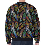 Vintage Feather Pattern Print Zip Sleeve Bomber Jacket
