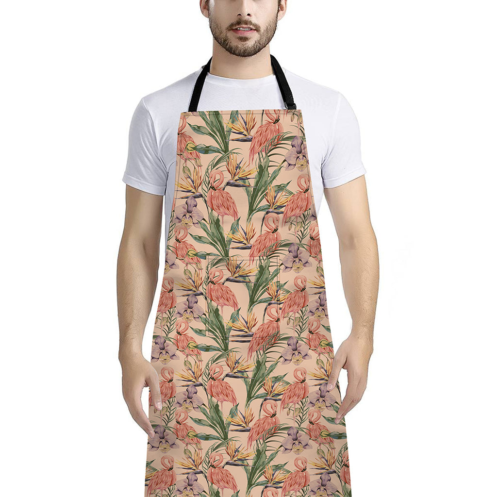 Vintage Flamingo Pattern Print Bib Apron With Pocket