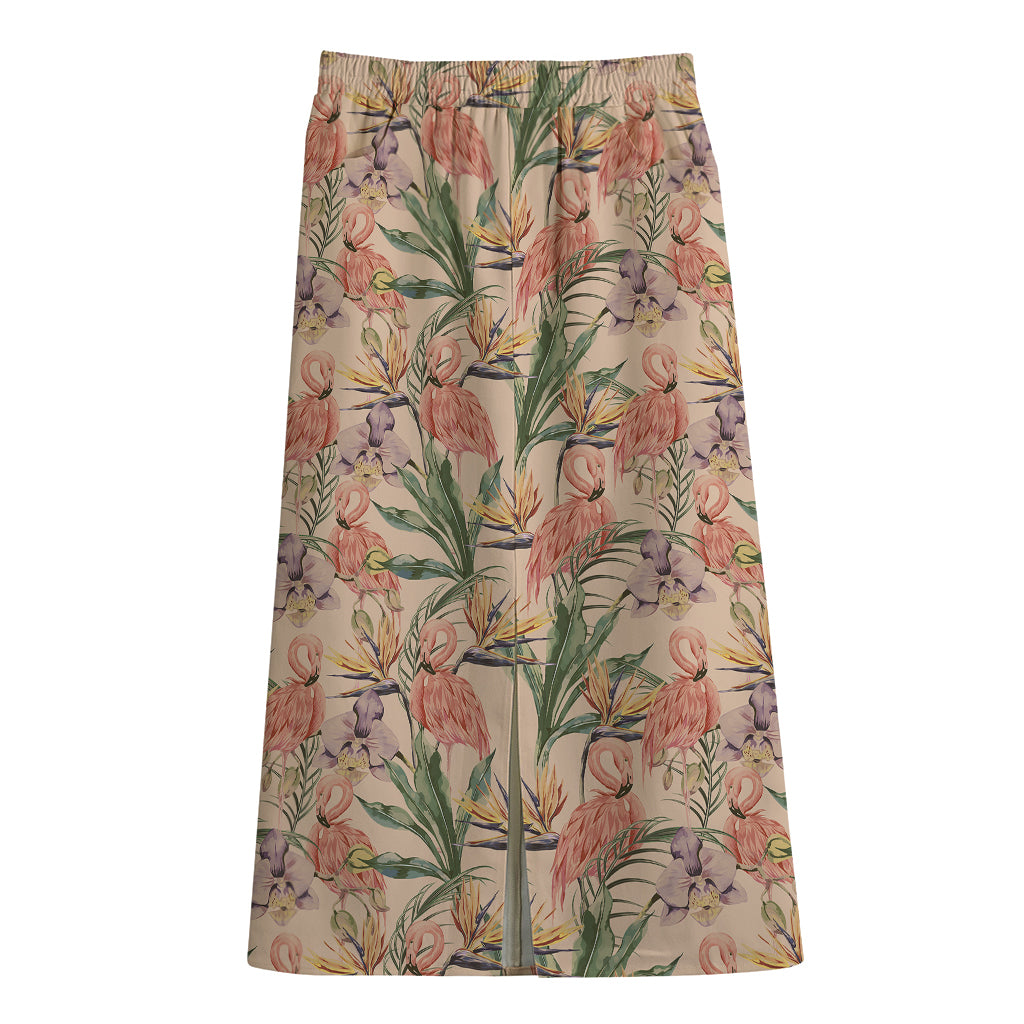 Vintage Flamingo Pattern Print Cotton Front Slit Maxi Skirt