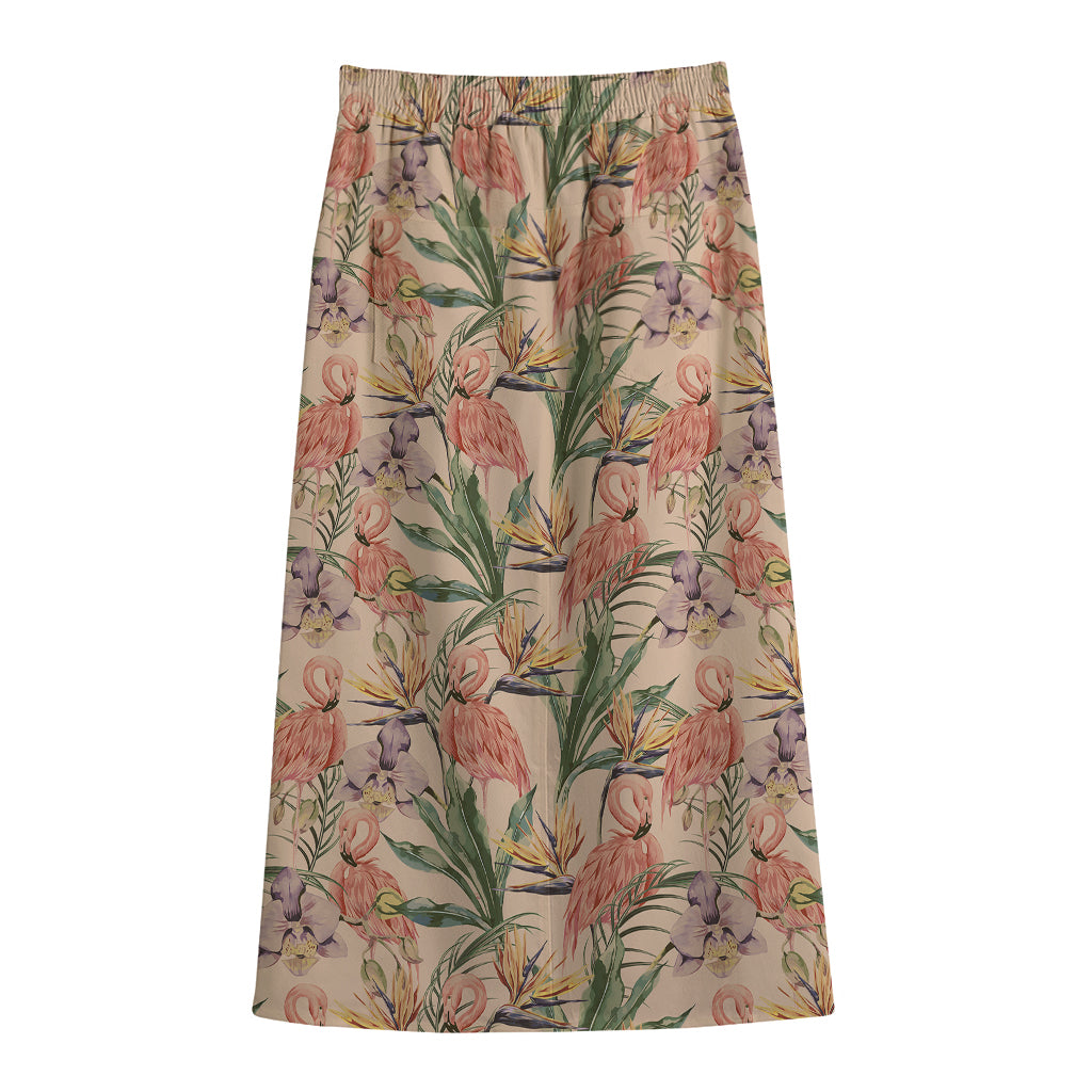 Vintage Flamingo Pattern Print Cotton Front Slit Maxi Skirt