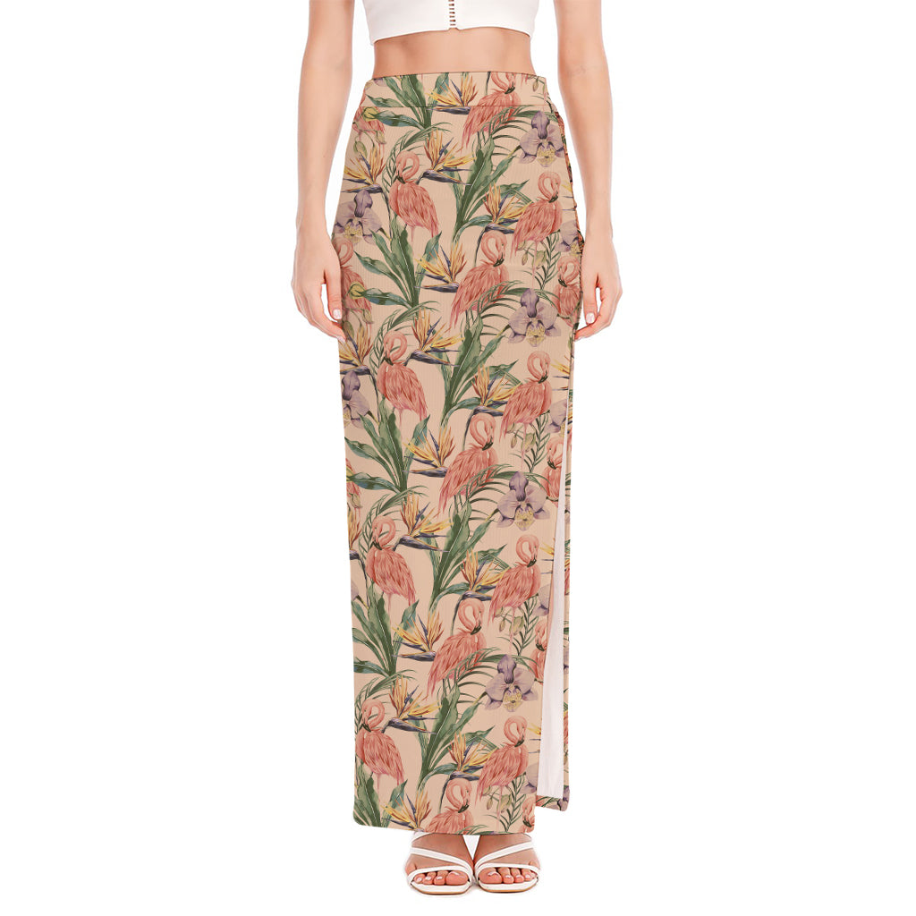 Vintage Flamingo Pattern Print High Slit Maxi Skirt