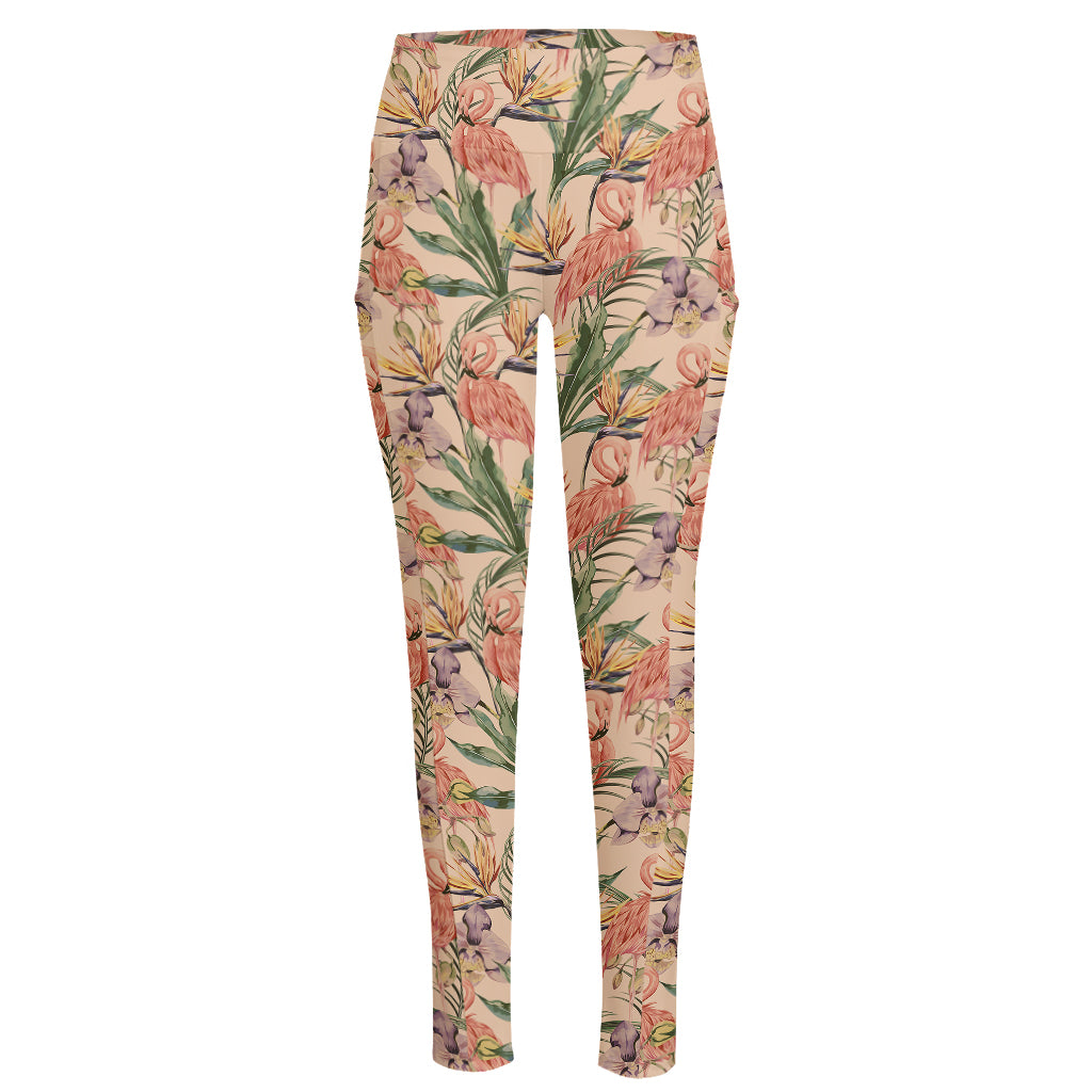 Vintage Flamingo Pattern Print High-Waisted Pocket Leggings