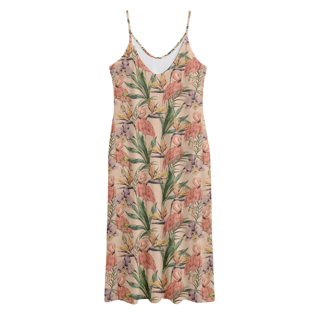 Vintage Flamingo Pattern Print Jersey Midi Cami Dress