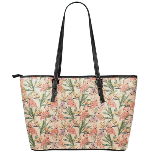 Vintage Flamingo Pattern Print Leather Tote Bag