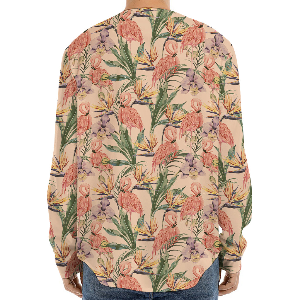 Vintage Flamingo Pattern Print Long Sleeve Baseball Jersey