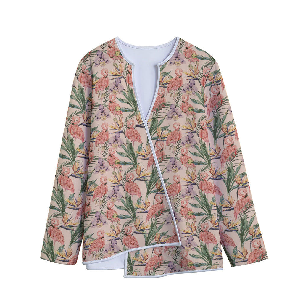 Vintage Flamingo Pattern Print Long Sleeve Short Coat