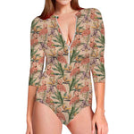 Vintage Flamingo Pattern Print Long Sleeve Swimsuit