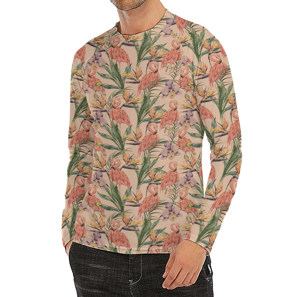 Vintage Flamingo Pattern Print Men's Long Sleeve Rash Guard