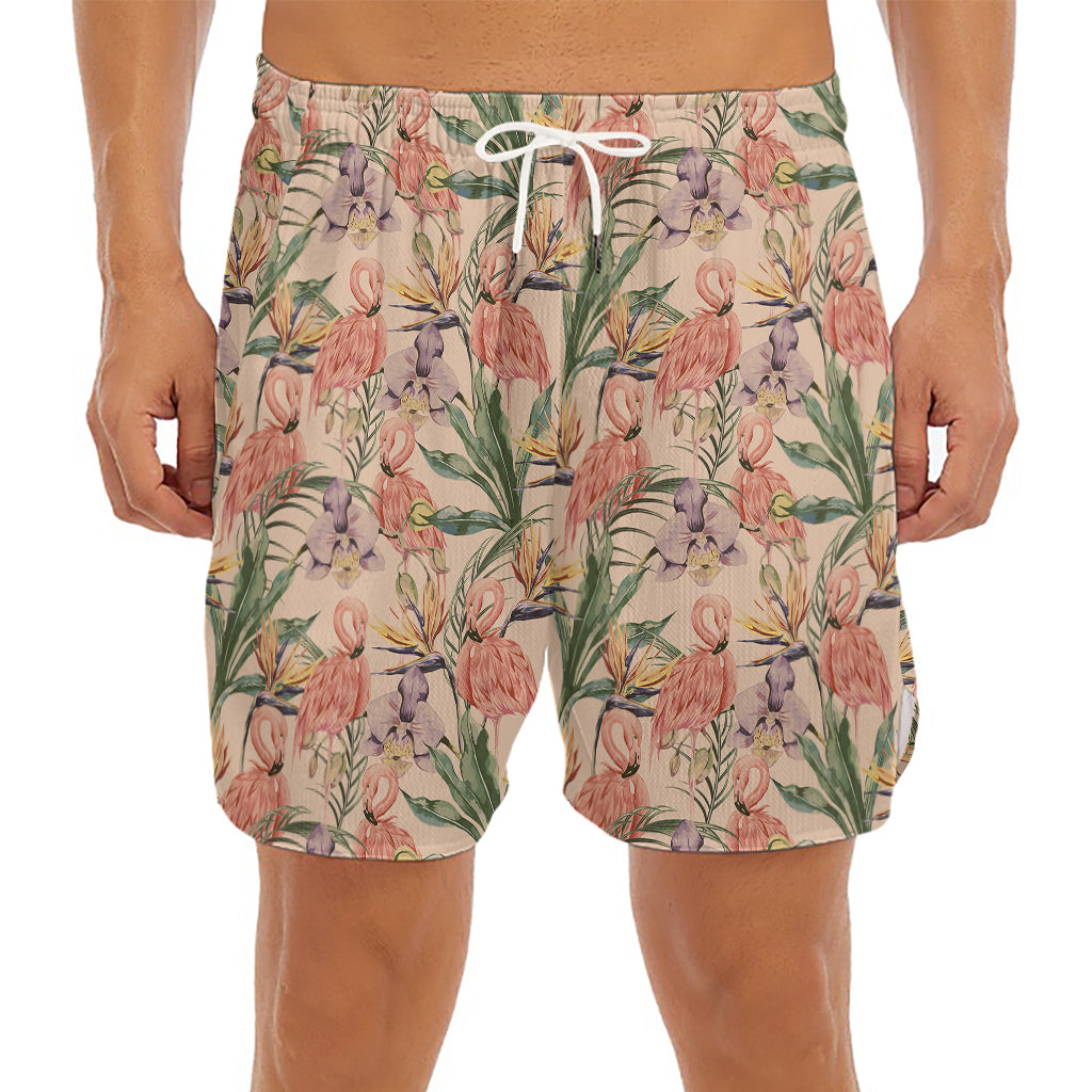 Vintage Flamingo Pattern Print Men's Split Running Shorts