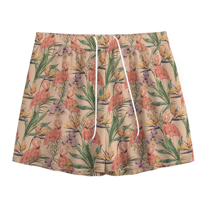 Vintage Flamingo Pattern Print Mesh Shorts