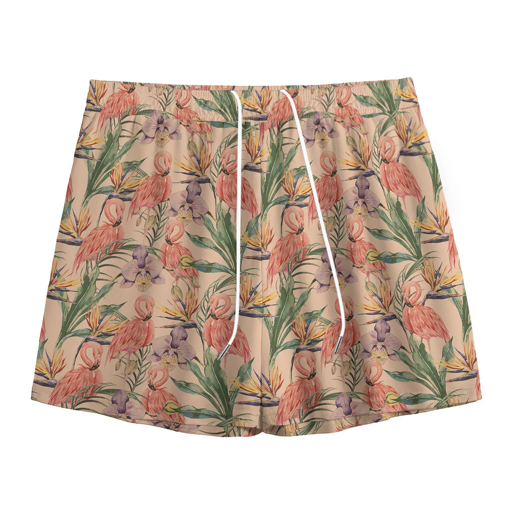 Vintage Flamingo Pattern Print Mesh Shorts