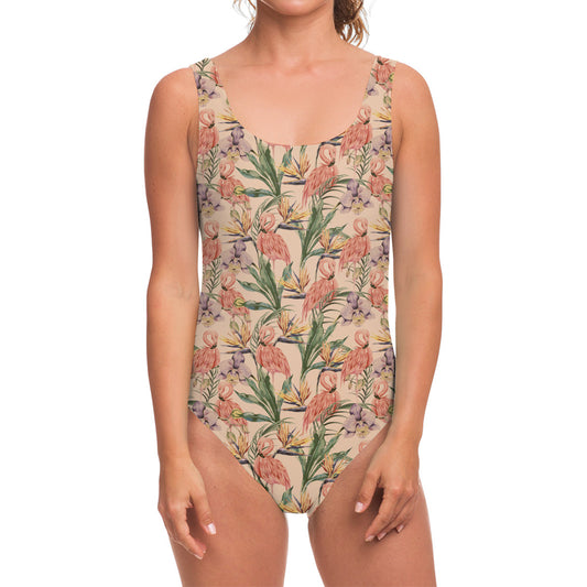 Vintage Flamingo Pattern Print One Piece Swimsuit