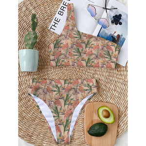 Vintage Flamingo Pattern Print One Shoulder Bikini Top