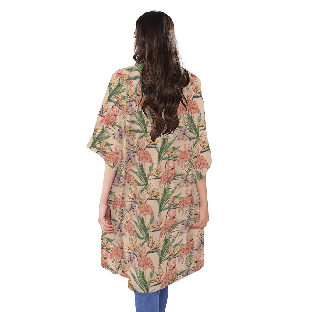 Vintage Flamingo Pattern Print Open Front Beach Cover Up